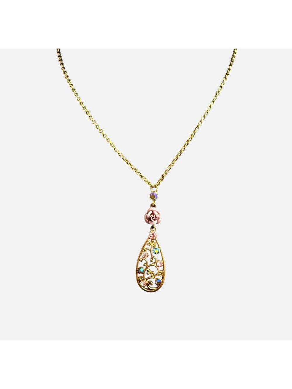 NR Necklace Pink Rose Filigree AB Crystals Teardrop Gold Tone 18-20 inches